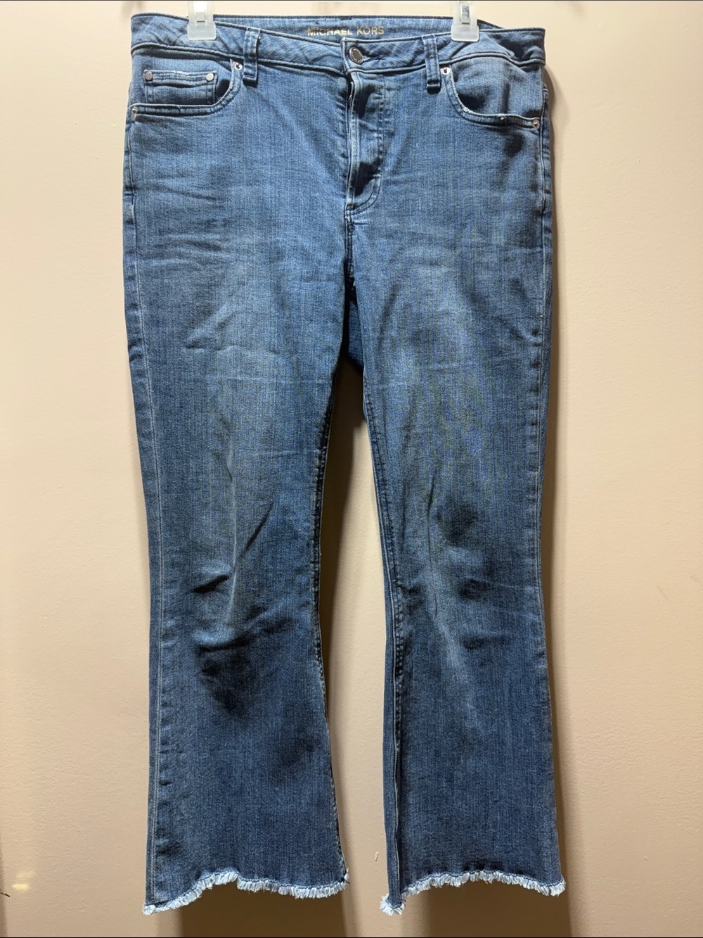 Michael Kors Medium Blue Flare Jeans with Frayed Hem